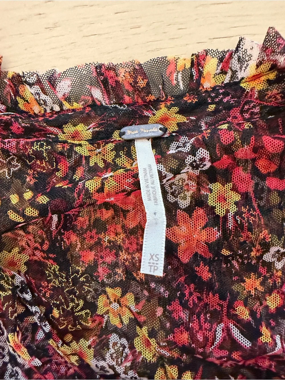 Free People Black Floral Ruffle Smocked Waist Blouse - Red Yellow Pink